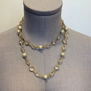 Gold-Tone Double Strand Necklace with Faux Pearls & Crystal Stations